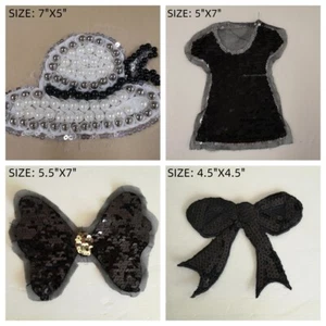 LOT 4 Mixed Sew-On Patch Black bow/Hat shaped- Sequined/Beaded on Tulle Mesh FS1 - Picture 1 of 5