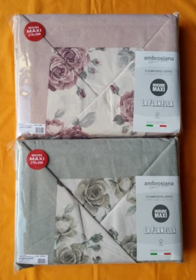 AMBROSIANA COMPLETO LENZUOLA FLANELLA ROSA / ROSE MAXI 270X300 PRODOTTO ITALIANO 2 PIAZZE