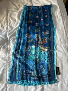Vintage Laurel Burch Blue Turqoise Silk Scarf ”Indigo Cats And Butterflies” - Picture 1 of 3