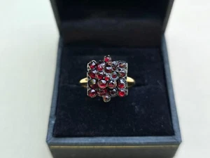 Old VTG 9c 9kt Yellow Gold Bohemian Czech Natural Rose Cut Garnet Cluster Ring - Picture 1 of 9