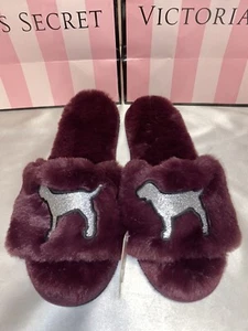 Victorias Secret PINK Faux Fur Slippers Burgundy - Picture 1 of 2