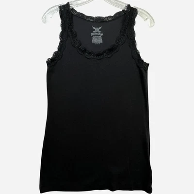 Y2K Lace Trim Tank Top Womens Large Black Ribbed Preppy Witchy Romantic Stretch - Image 1 of 4
