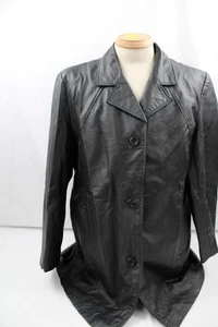 WOMAN CHARLES KLEIN BLACK FINE LEATHER JACKET SZ L~FORMAL~BUTTON FRONT~MID THIGH - Bild 1 von 4