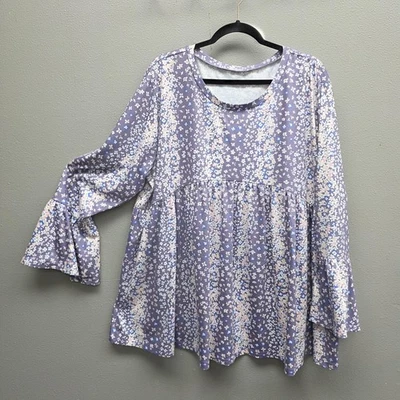 Floral Blouse Womens 3X Purple Bell Sleeve Tunic Babydoll Stretch Top Boho Flowy - Image 1 of 4