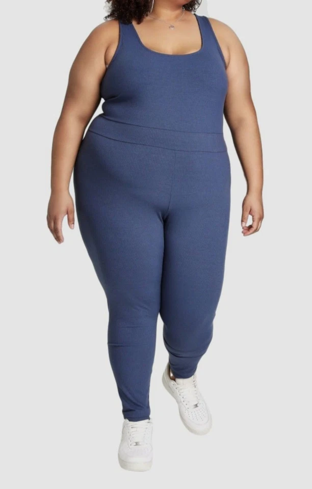 Mono para mujer Nina Parker azul acanalado cuello redondo sin mangas talla grande 1X Foto 1 de 2