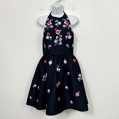 Mini Vestido Kate Spade New York Talla 8 Pom Bordado Halter Azul Marino Foto 1 de 4