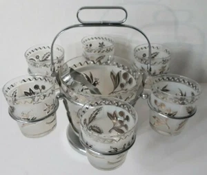 Vintage Frosted Glass Gold Leaves Ice Bucket with Carrier, Tongs and 6 Glasses - Picture 1 of 9