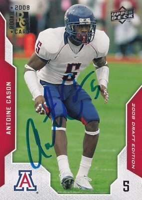 Tarjeta de novato de fútbol americano firmada por Antoine Cason 2008 edición draft Arizona #6 RC CB Foto 1 de 4