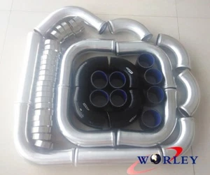 2.5" 64mm Universal Aluminum Intercooler Turbo Pipe piping Kit+Black Hose+Clamp - Picture 1 of 5
