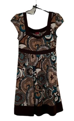 Ruby Rox Cocktail Mini Dress Size M Tie Back Pullover Brown/Tan/Cream/Turquoise - Image 1 of 4