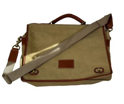 Bolso Mensajero Brooks Brothers Caqui Lona Cuero Borde Negocios De Colección Foto 1 de 4