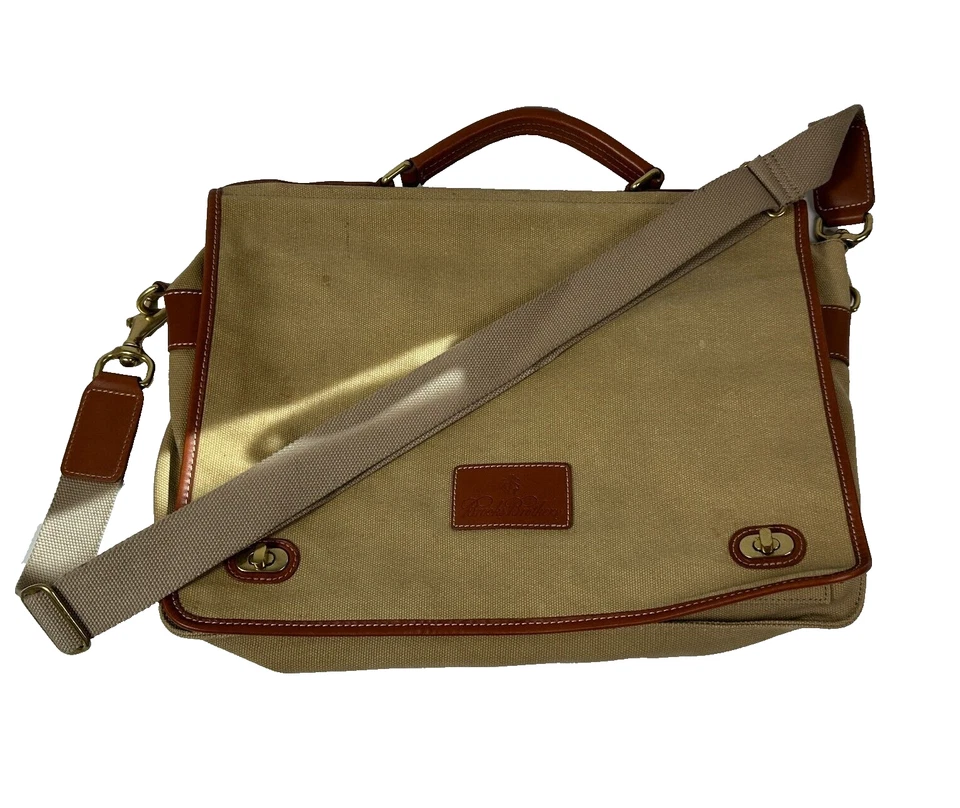 Bolso Mensajero Brooks Brothers Caqui Lona Cuero Borde Negocios De Colección Foto 1 de 4