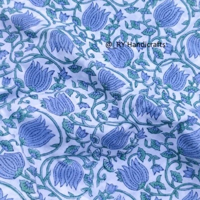 Block print Fabric Blue floral Cotton fabric By The Yard 2.5 - 10 yard fabric - Image 1 of 4