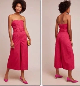 Anthropologie Haley Strapless Jumpsuit Pink Jacquard Crop Wide Leg Women Size 4 - Picture 1 of 14