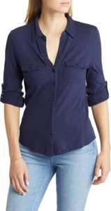 Nordstrom Caslon Women navy peacoat button down Large MSRP$59-B5 - Picture 1 of 7