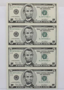 Uncut Sheet of Four (4) $5 Five Dollar Bills - Series 2003 Uncirculated - Picture 1 of 4