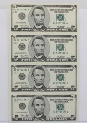 Uncut Sheet of Four (4) $5 Five Dollar Bills - Series 2003 Uncirculated - Image 1 of 4