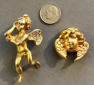 2 x Broche Prendedor KIRKS FOLLY AB Cristal Estrás Querubín Alado Ángel Tono Dorado - Imagen 1 de 5