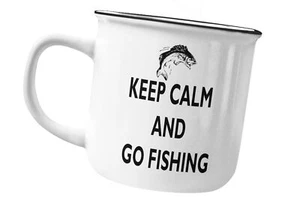 Keep Calm and go Angeln, lustige Emaille-Blechbecher, Vatertag Geburtstagsgeschenk - Bild 1 von 2