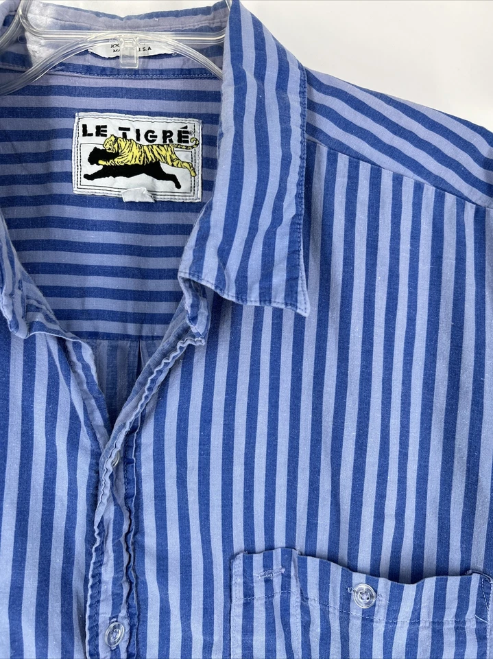 Vintage LE TIGRE Men's 2X Short Sleeve Blue Striped Button Down Shirt Made USA - Image 1 of 4