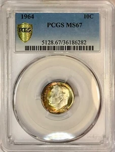 Moneda de diez centavos de plata Roosevelt 1964-D graduación profesional MS67 excelente gema doble lado tono arco iris - Imagen 1 de 3