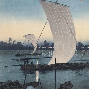 Farbholzschnitt Hiroaki Takahashi Shotei Sekiyado Segelschiffe bei Nacht Japan - Bild 1 von 4
