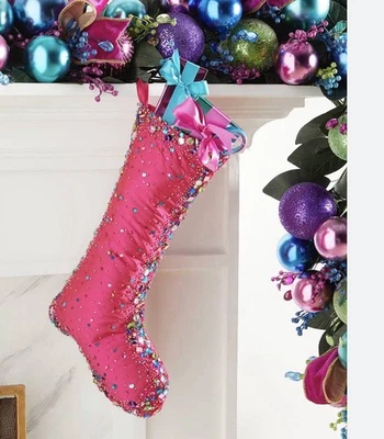 "Medias de Navidad Neiman Marcus rosa fucsia estrás con cuentas con joyas 19""" Foto 1 de 4