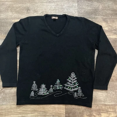 Suéter feminino preto de férias com design de árvore bordado veado branco tamanho G - Imagem 1 de 4