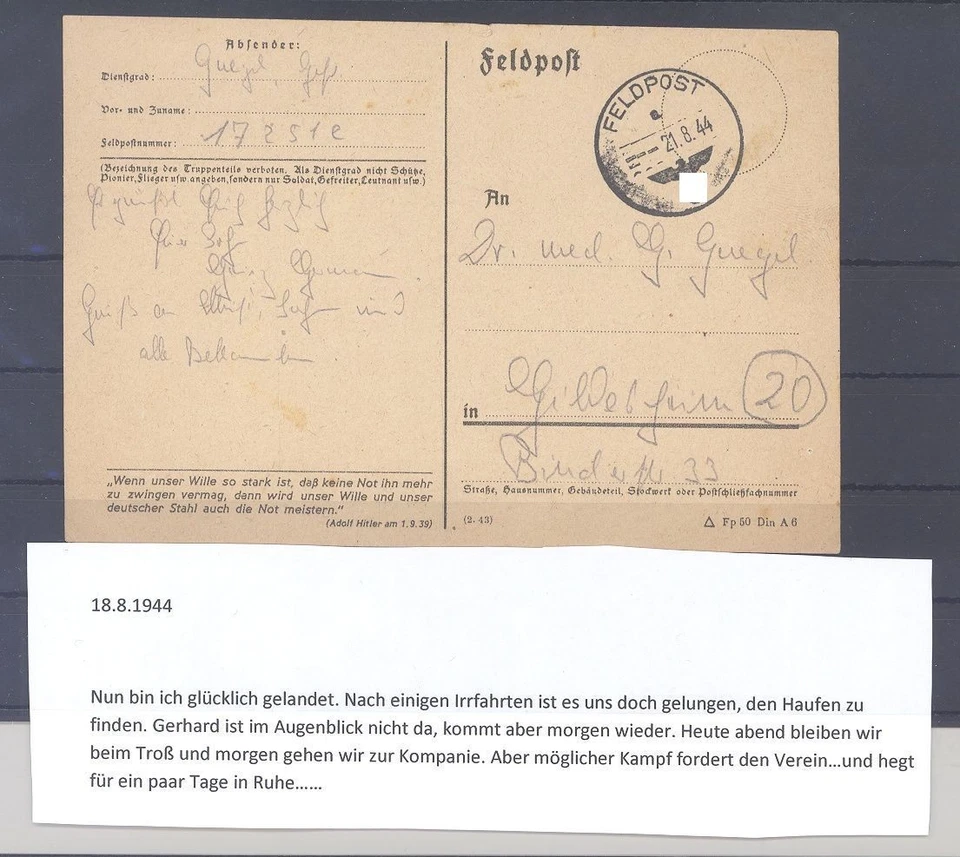 Dt. Feldpost 2. WK, Karte vom 21.8.1944 mit der FP Nummer 17251e (10140) - Bild 1 von 1