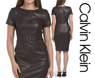 NWT CALVIN KLEIN Dr.Brown Faux Leather Sheath Dress Belted Exposed Back Zip Sz.8 - Image 1 of 4