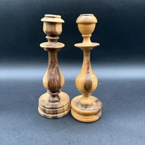 Vintage Pair Hand Turned Wooden Candlestick or Taper Holders 6” - Picture 1 of 9