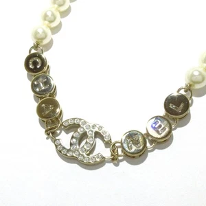 Auth CHANEL - Silver White Hardware Fake Pearl Rhinestones Necklace - Picture 1 of 7