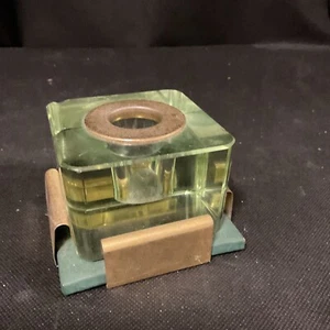 Vintage Fontana Arte Style Brass And Glass Inkwell Holder 2 1/2x 3 1/2 In - Picture 1 of 10