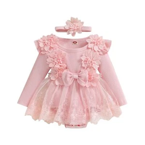 Newborn Baby Girl Fall Winter Outfit Lace Mesh Ribbed Romper Dress Long Sleev... - Picture 1 of 7