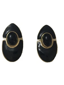 Vintage OM Jent Stud Earrings Black Enamel  Gold Tone  stud door knocker Style  - Picture 1 of 6