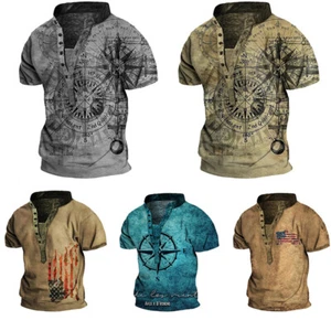 Mens Short Sleeve V Neck Retro T Shirt Casual Baggy Henley Button Tops Blouse - Picture 1 of 14