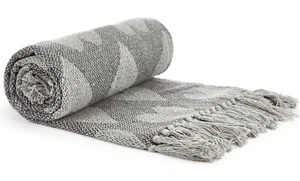 100% Cotton Hearts Throw Charcoal Grey Fringed Tassel Sofa Bed Chair Blanket New - Picture 1 of 10