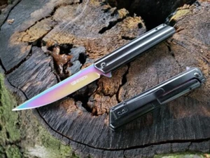 Slim Tip Up Rainbow Black Pocket Knife Spring Assisted Frame Lock Flipper EDC - Picture 1 of 21