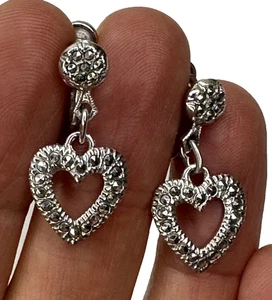 Impresionantes pendientes de plata esterlina tornillo trasero corazón colgante marcasita vintage - Imagen 1 de 16