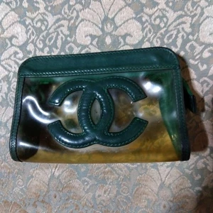 Echte Chanel durchsichtige Vinyl Kosmetiktasche CoCo Mark grün Leder Kosmetiktasche - Bild 1 von 8