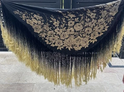 Antique 1920 Black Gold Threads Lame’Round Piano Shawl - Image 1 of 4