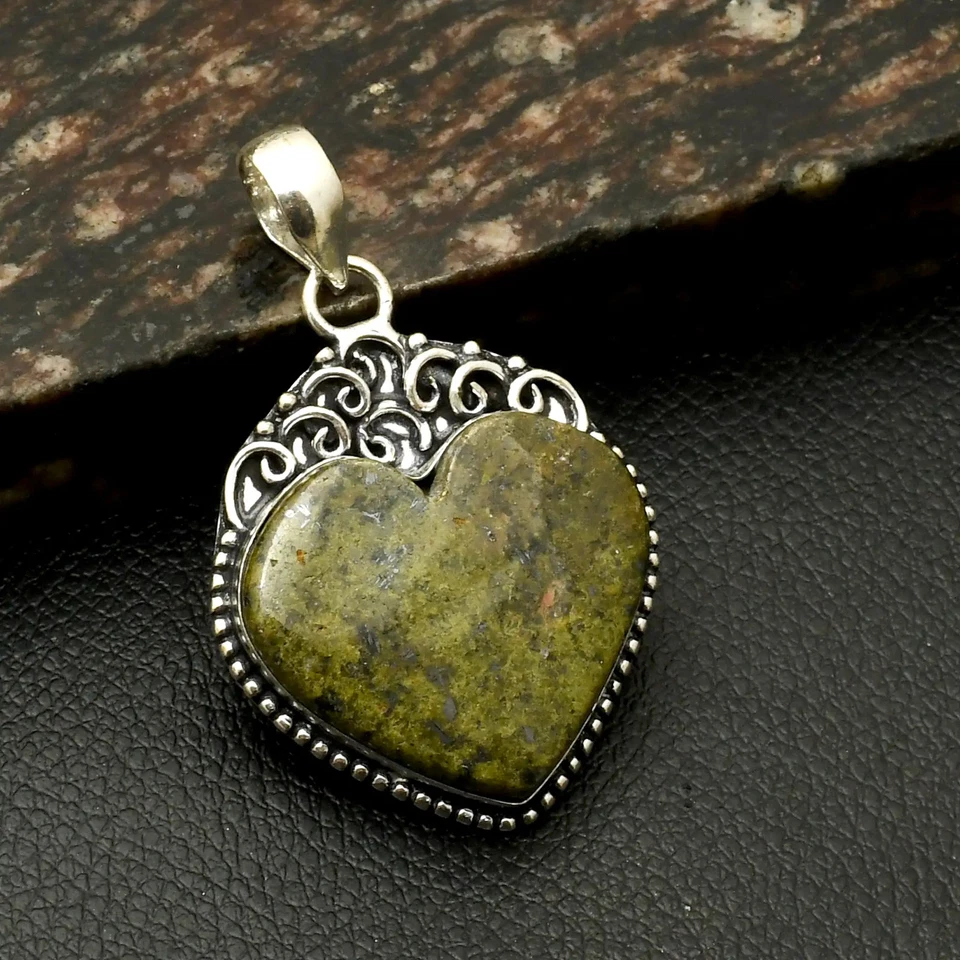 Colgante de corazón étnico hecho a mano de piedras preciosas de unakita joyería regalo 1,8" AP-38981 Foto 1 de 1