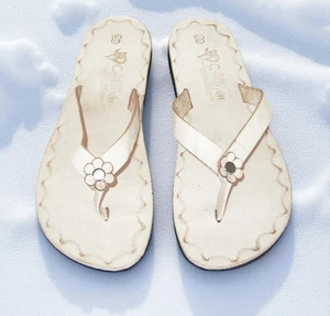 Beige weiche Leder handgefertigte Flip-Flop Blumen Zehenstegsandalen US Damengröße 5-10 - Bild 1 von 10