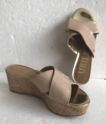 Sam & Libby Beige / Tan Patent Leather & Cork Platform Wedges Size 7.5 - Image 1 of 4