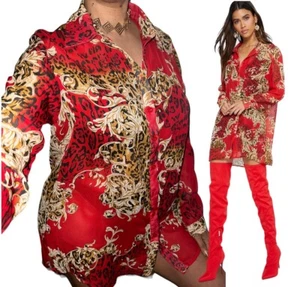 PRETTYLITTLETHING NUOVA Rosso BAROCCO con bottoni STAMPA ANIMALI CAMICETTA TOP trasparente donna M - Foto 1 di 7