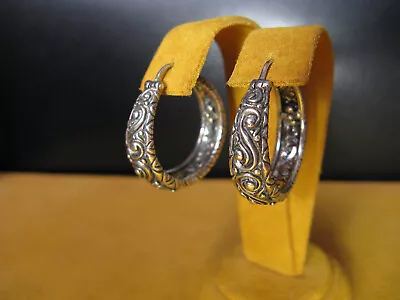 BARBARA BIXBY JEWELRY HOOP EARRINGS SS SILVER FLOWER CARVED Designer Gift - Image 1 of 2