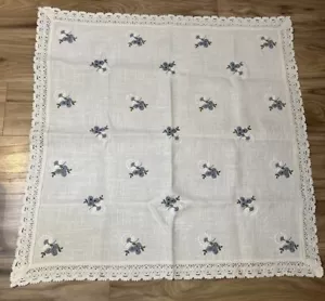 Vtg Austrian Woven Linen Tablecloth Blue Floral W/ Crocheted Lace Edge 31x31 - Picture 1 of 3