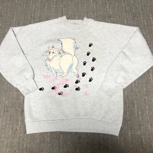 Vintage 90s My Cat Walks All Over Me Sweatshirt Womens Size M Grey Kitten Paws - Picture 1 of 7