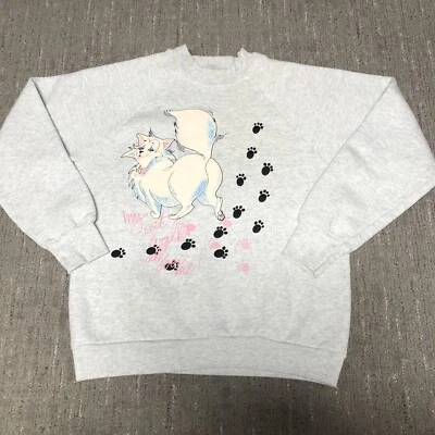 Vintage 90s My Cat Walks All Over Me Sweatshirt Womens Size M Grey Kitten Paws - Image 1 of 4
