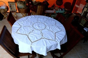 Hecho a mano arte único bordado mantel decoración color blanco vintage 1,6m diámetro - Imagen 1 de 21
